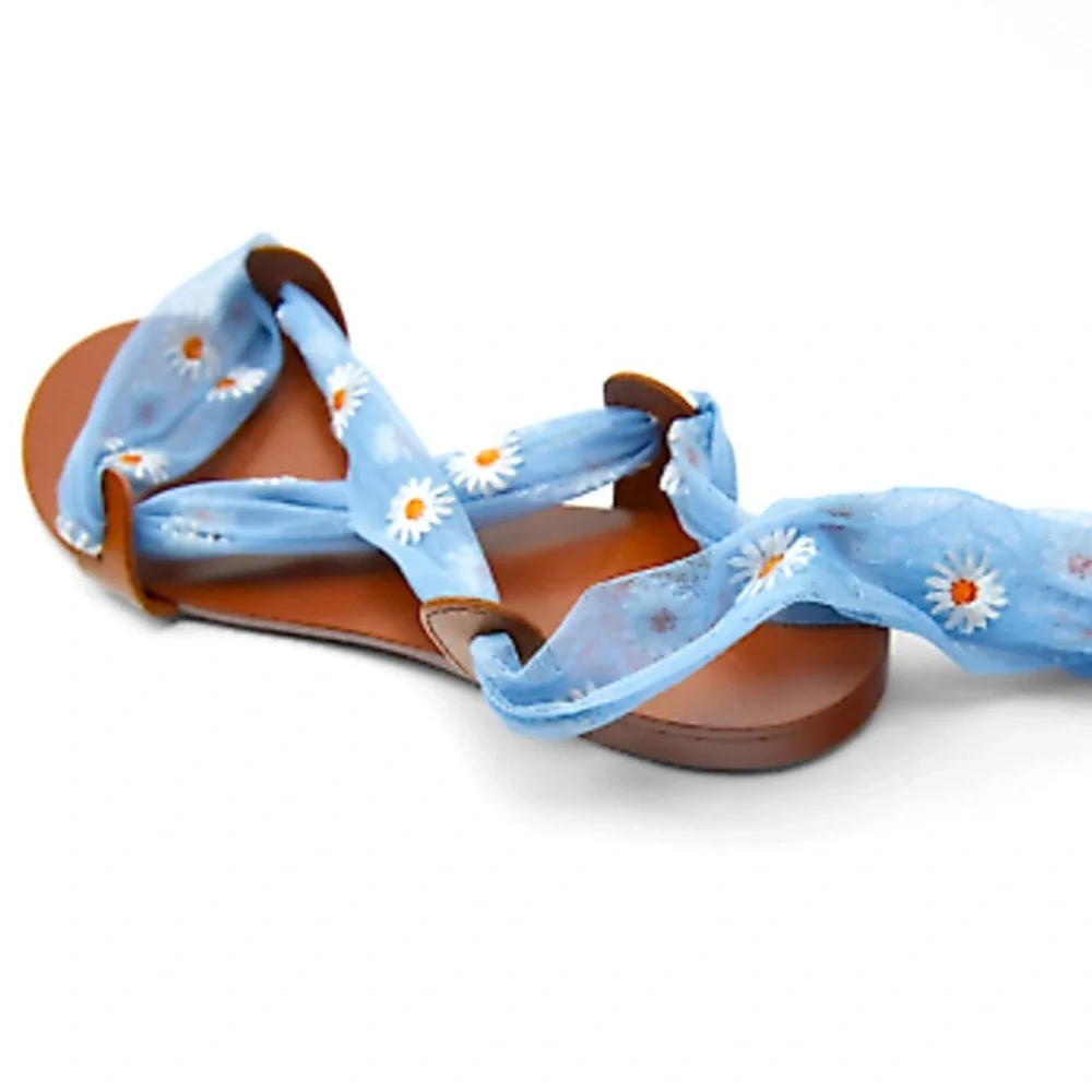 ZARA Strap Sandal LEATHER Flat DAISY TULLE Tie-Up GLADIATOR Shoe 39 - Picture 3 of 4